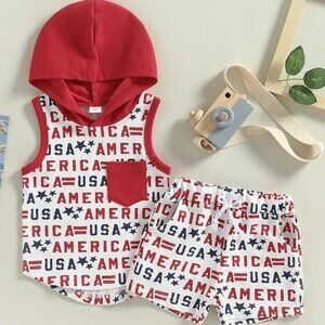 Boy's Patriotic America Print Hooded Tank Outfit